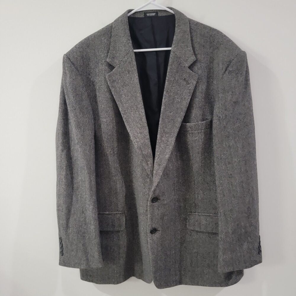 Robert Stock Mens Wool Camel Hair Blend Blazer Size 46‎ Long Gray Herringbone